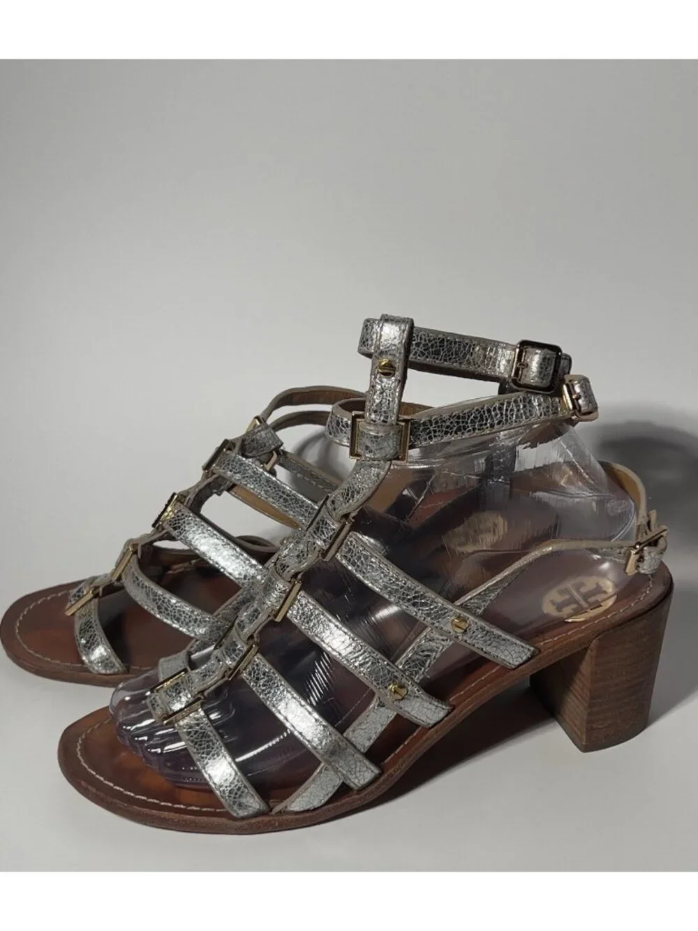 Tory Burch Reggie Silver Metallic Leather Gladiator Sandals Size 8M